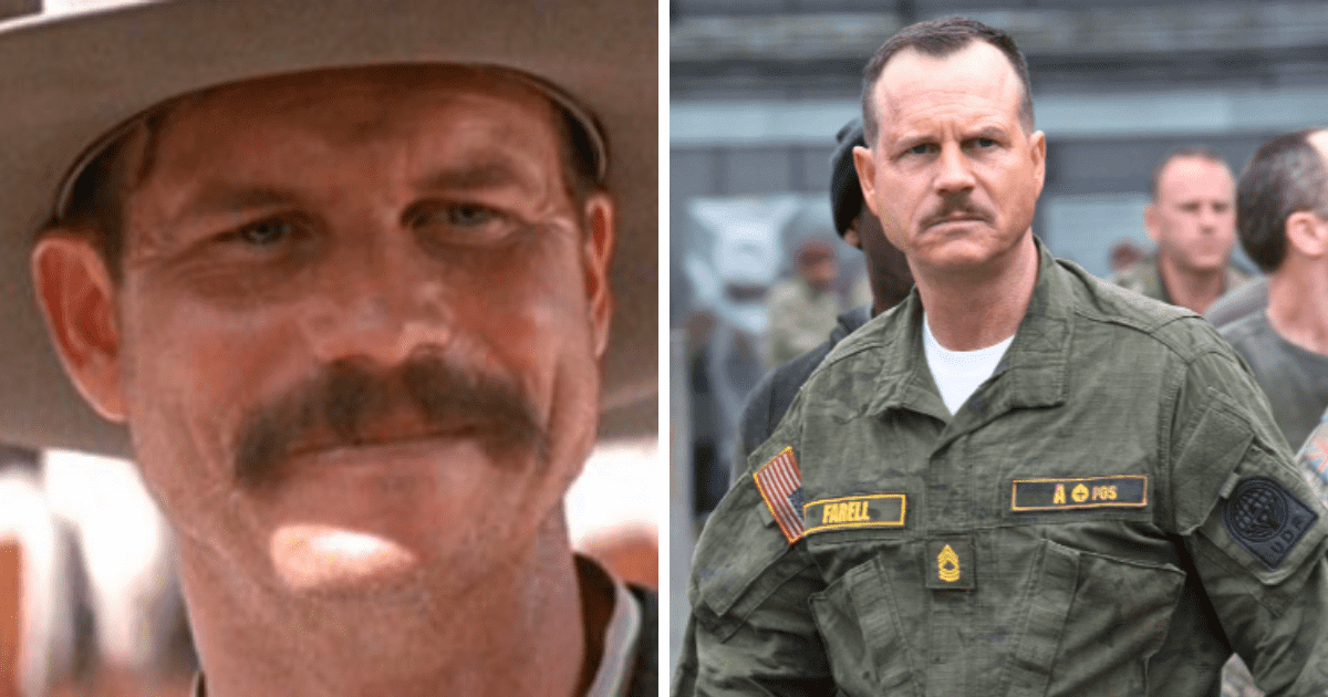 (L) Bill Paxton as Morgan Earp in 'Tombstone' (1993) and as (R) Master Sergeant Farell in the movie Edge of Tomorrow (2014) ( ) (David James/Warner Bros. Entertainment Inc.) 