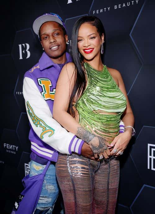 (L-R) A$AP Rocky and Rihanna celebrate Fenty Beauty & Fenty Skin at Goya Studios on February 11, 2022 in Los Angeles, California.