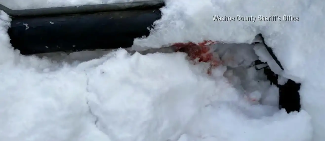 The blood-filled snow after the snowplow accident near Jeremy Renner's home in Lake Tahoe, Nevada (Washoe County Sheriff's Office)