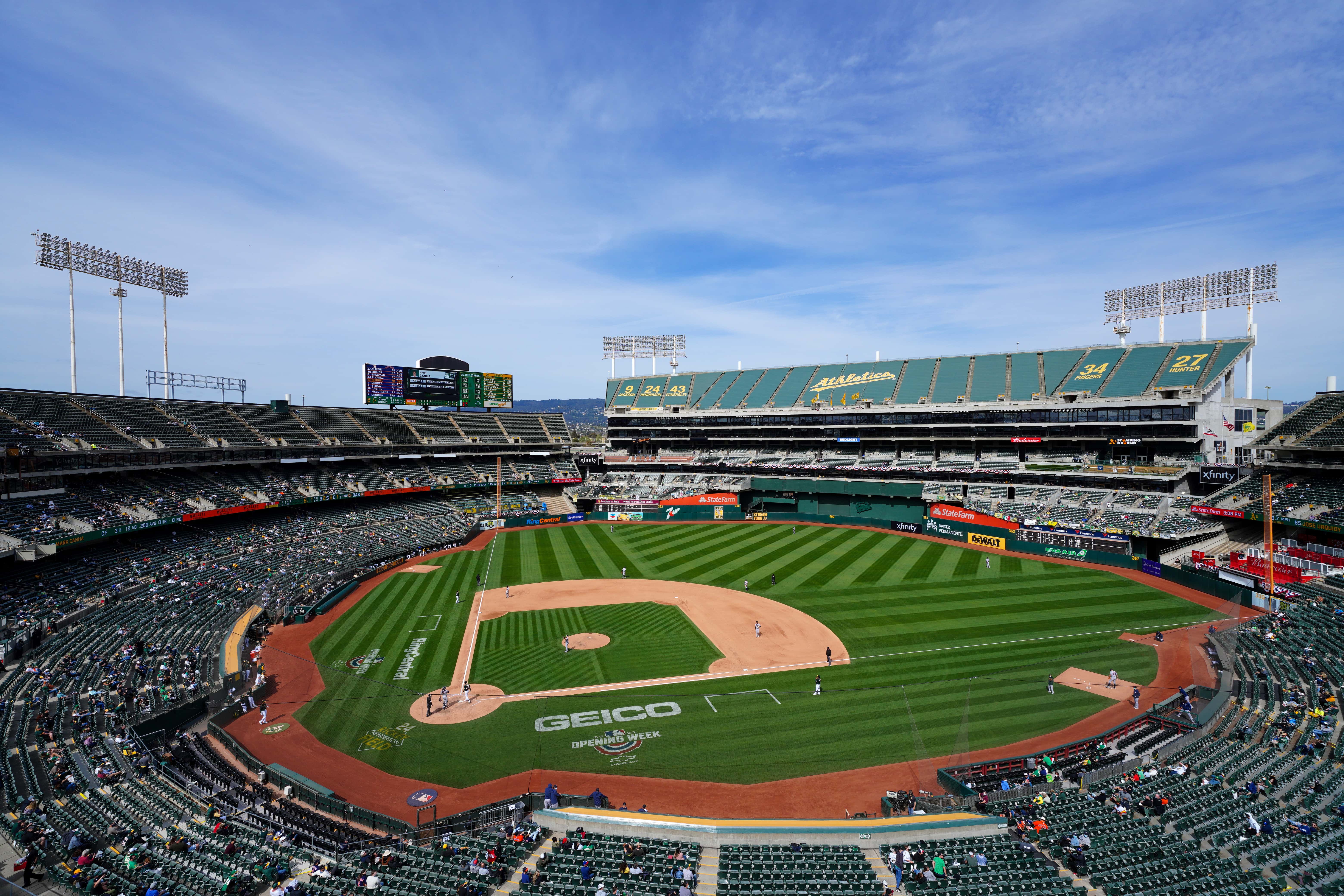 A general view of RingCentral Coliseum during the game between the Oakland Athletics and the Houston Astros at RingCentral Coliseum on April 04, 2021 in Oakland, California.