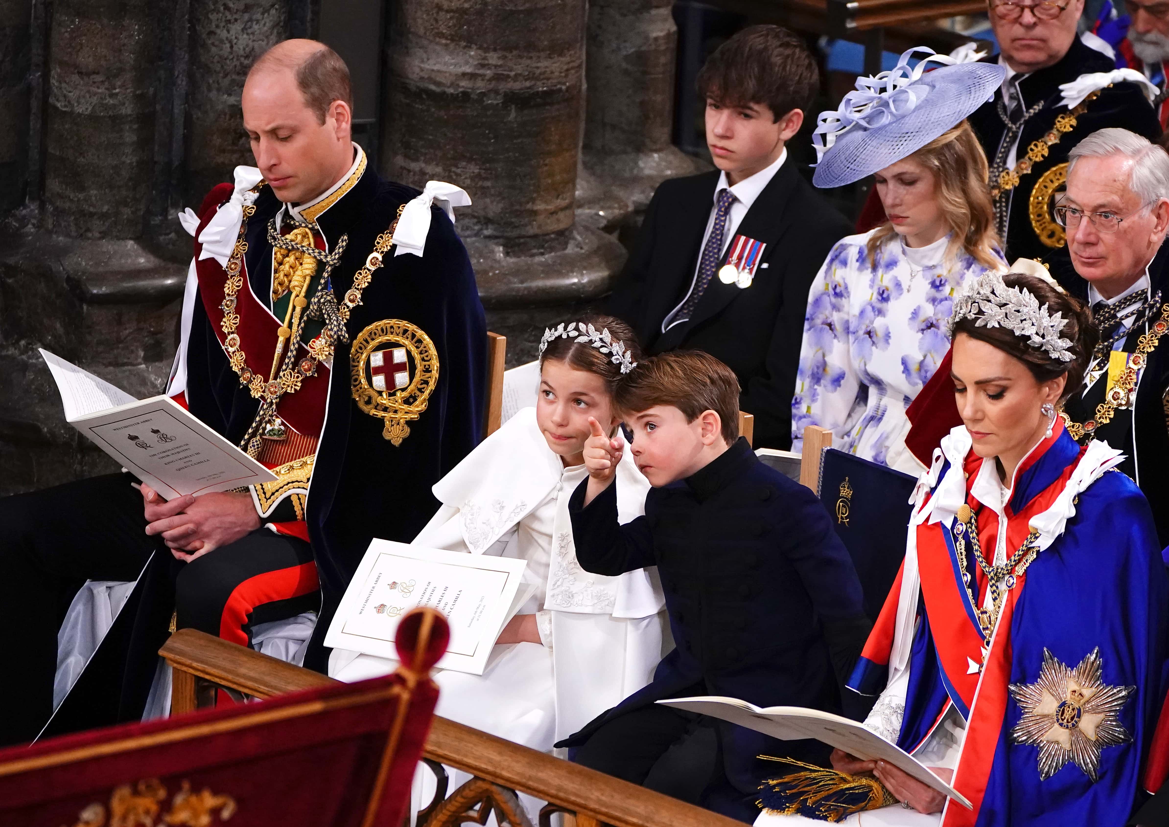 Britain's Prince William, Prince of Wales, Princess Charlotte, Prince Louis, and Britain's Catherine, Princess of Wales attend the Coronation of King Charles III and Queen Camilla at Westminster Abbey on May 6, 2023, in London, England. (Photo by Yui Mok - WPA Pool/Getty Images)