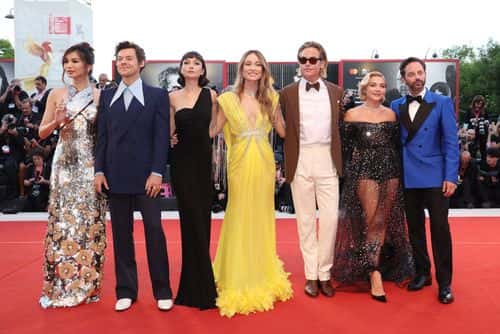 (L-R) Gemma Chan, Harry Styles, Sydney Chandler, director Olivia Wilde, Chris Pine, Florence Pugh and Nick Kroll attend the