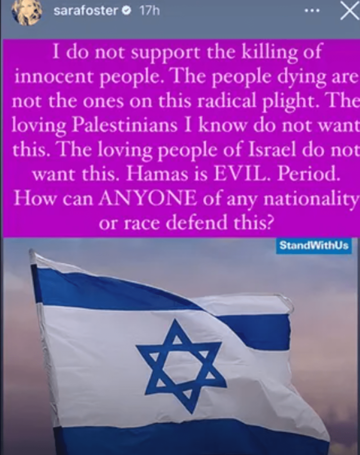 Sara Foster voiced her support for Israel amid the country being attacked by Hamas. (Sara Foster/Instagram)