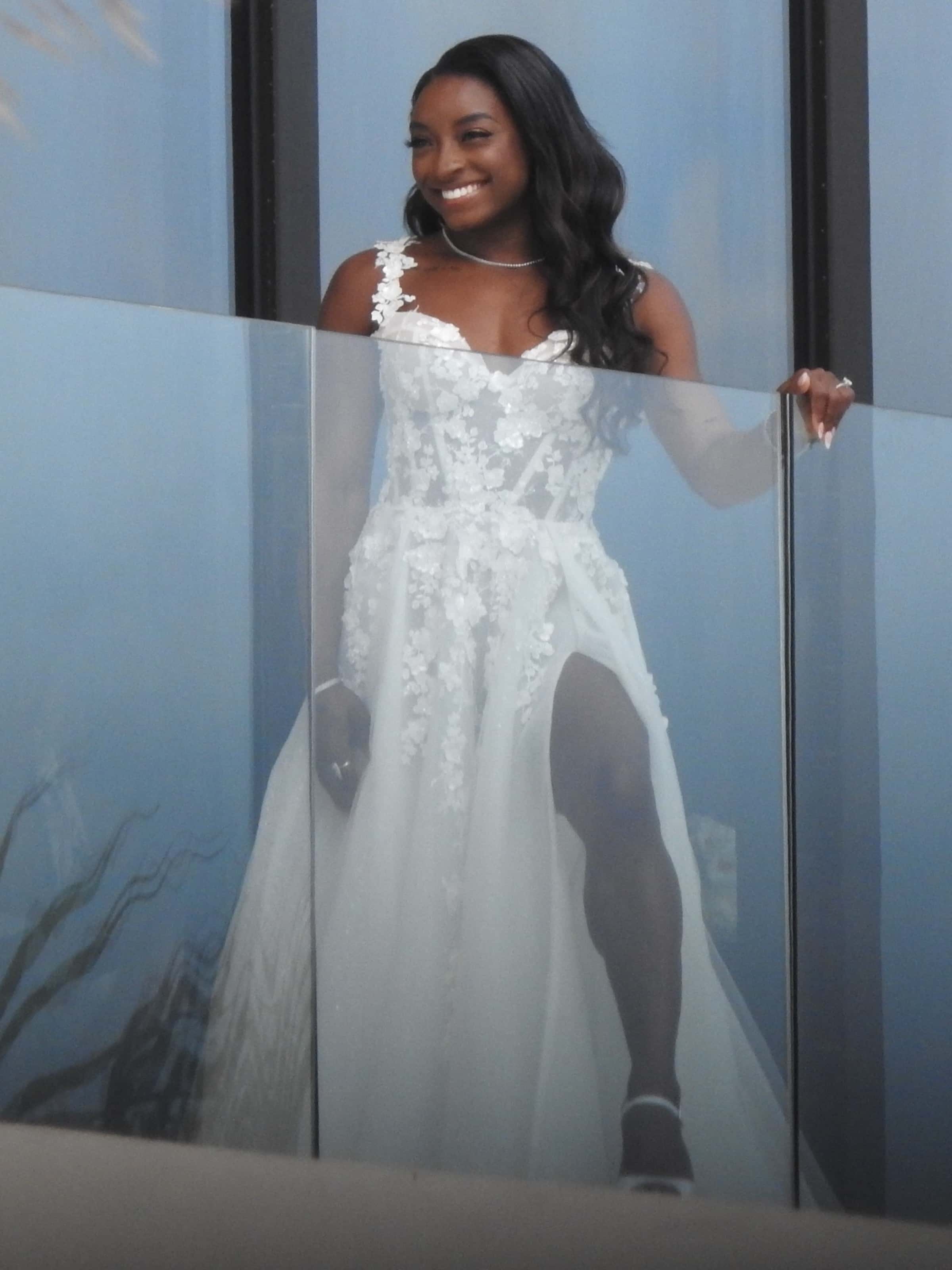 Simone Biles said the slit in the gown's skirt made a difference in how she felt in the gown. (Backgrid)