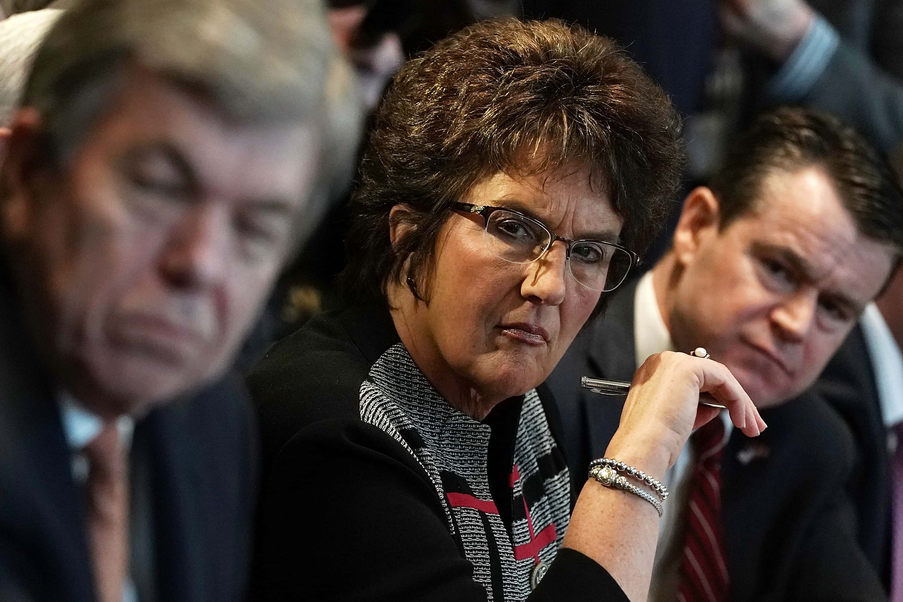 (L-R) U.S. Sen. Roy Blunt (R-MO), Rep. Jackie Walorski (R-IN), and Sen. Todd Young (R-IN) listen during a meeting between President Donald Trump and congressional members in the Cabinet Room of the White House February 13, 2018 in Washington, DC. President Trump held a meeting with congressional members to discuss trade.