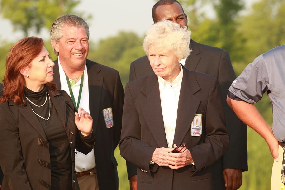 LPGA Commissioner Carolyn Bivens with Betsy Rawls during the awards ceremony following the 2007 McDonald's LPGA Championship in Havre de Grace, Maryland at Bulle Rock Golf Course on Sunday, June 10, 2007. (Photo by Darren Carroll/Getty Images)..for inside