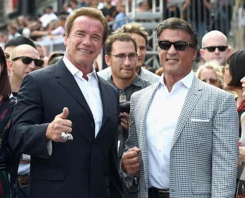 Actors Arnold Schwarzenegger (L) and Sylvester Stallone attend the LA Premiere of Paramount Pictures' 'Terminator Genisys' at the Dolby Theatre on June 28, 2015 in Hollywood, California.