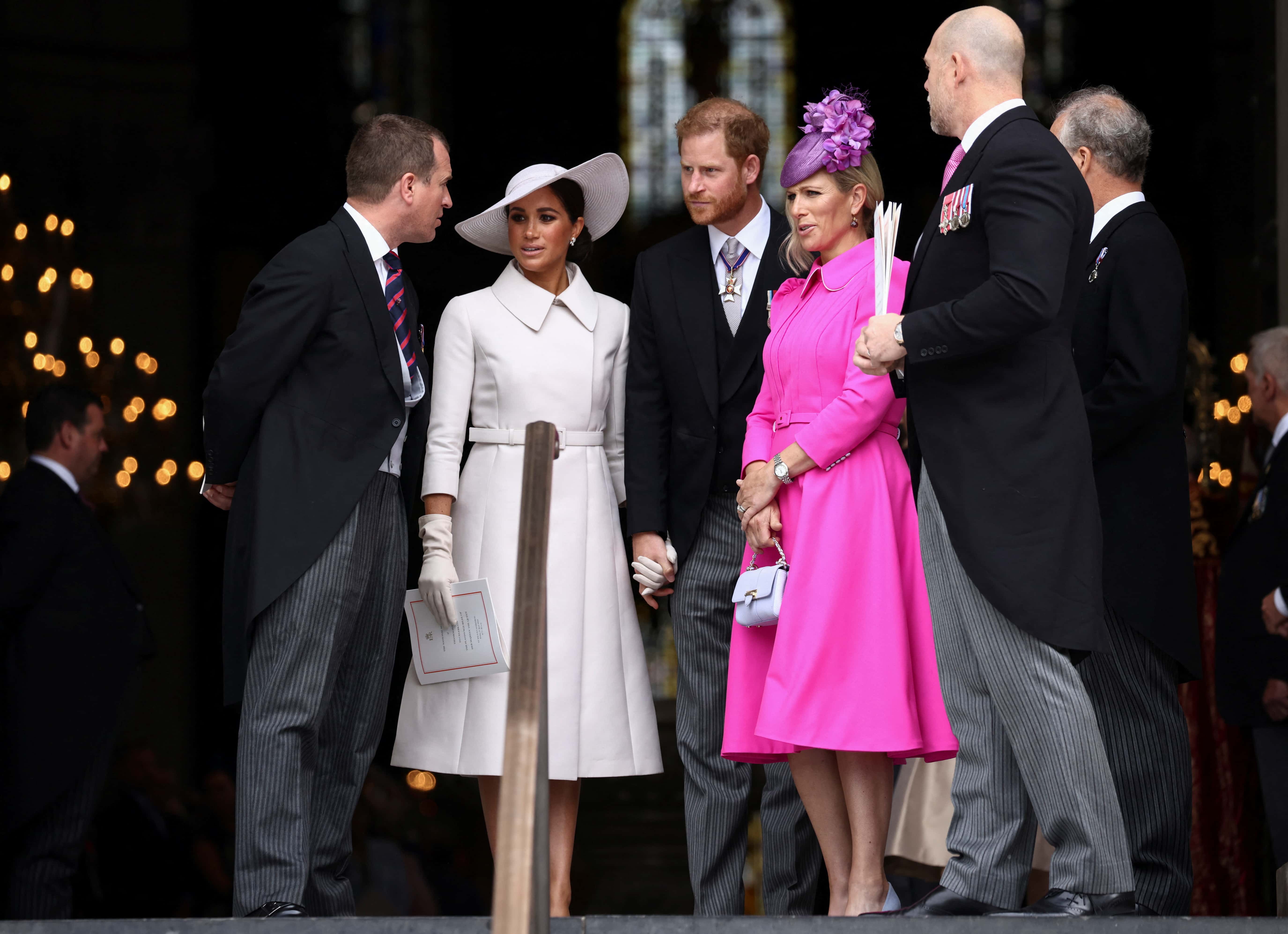 (L-R) Peter Phillips, Meghan, Duchess of Sussex, Prince Harry, Duke of Sussex, Zara&nbsp;Tindall and her husband Mike&nbsp;Tindall depart after the National Service of Thanksgiving to Celebrate the Platinum Jubilee of Her Majesty The Queen at St Paul's Cathedral on June 3, 2022 in London, England. The Platinum Jubilee of Elizabeth II is being celebrated from June 2 to June 5, 2022, in the UK and Commonwealth to mark the 70th anniversary of the accession of Queen Elizabeth II on 6 February 1952.