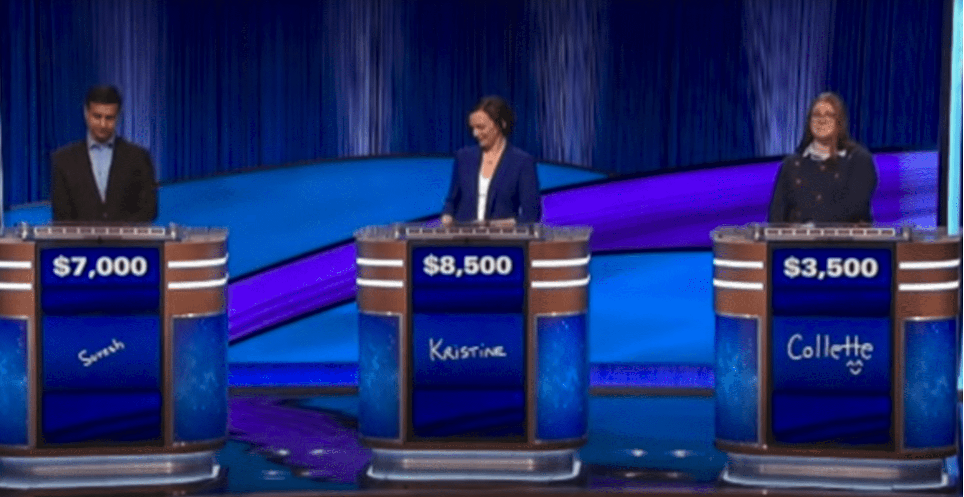 Suresh Krishnan, Kristina Rembach and Collette Lee playing 'Jeopardy!' (ABC)