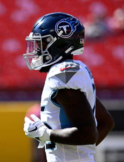 Hassan Haskins #25 of the Tennessee Titans warms up pregame against the Washington Commanders at FedExField on October 09, 2022 in Landover, Maryland.