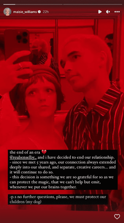 Maisie Williams announced her breakup in October 2022. (Instagram/ Maisie Williams)