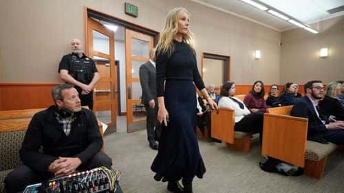 Actress Gwyneth Paltrow enters the courtroom for her trial on March 24, 2023, in Park City, Utah. Terry Sanderson is suing actress Gwyneth Paltrow for $300,000, claiming she recklessly crashed into him while the two were skiing on a beginner run at Deer Valley Resort in Park City, Utah in 2016.