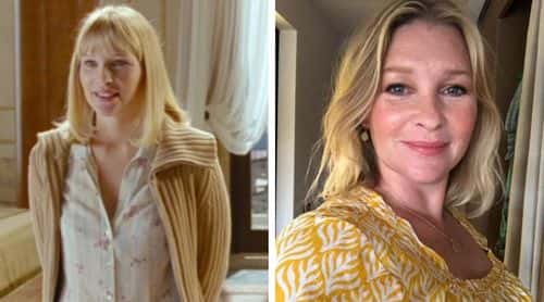 Joanna Page in ‘Love Actually’ 2003 (IMDb) and the actress in summer selfie posted in August 2021 (nstagram/@iamjoannapage)