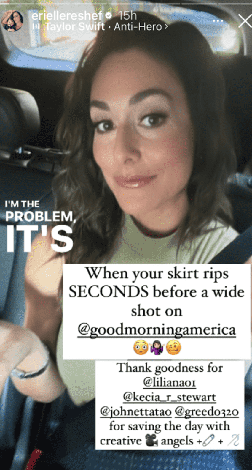 'GMA' Erielle Reshef elaborated that she was saved by tactical camera angles and safety pins (@eriellereshef/Instagram)