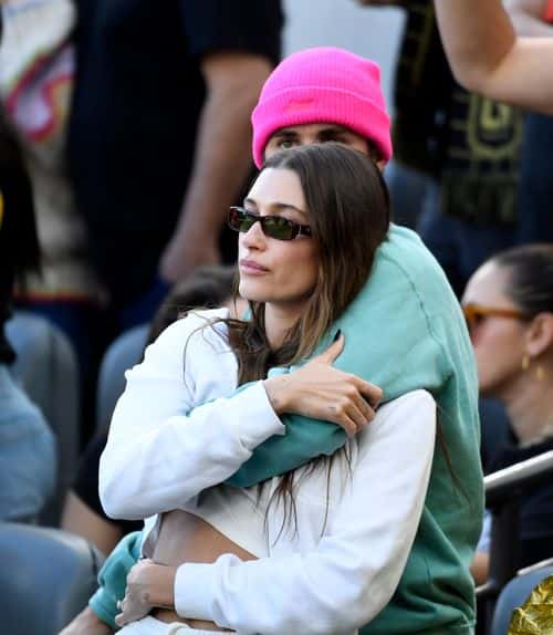 Justin Bieber and Hailey Bieber attend the 2022 MLS Cup Final between Los Angeles FC and Philadelphia Union at Banc of California Stadium on November 5, 2022 in Los Angeles, California. (Photo by Kevork Djansezian/Getty Images)