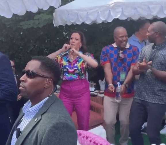 Kamala Harris showcased her dance moves at the 50th anniversary of hip-hop wearing a birth pink and pop coloured attire (@JoeyMannarinoUS/X)