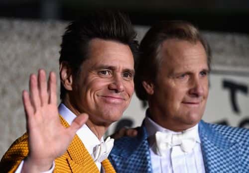 Actors Jim Carrey (L) and Jeff Daniels arrive at the premiere of Universal Pictures and Red Granite Pictures' 