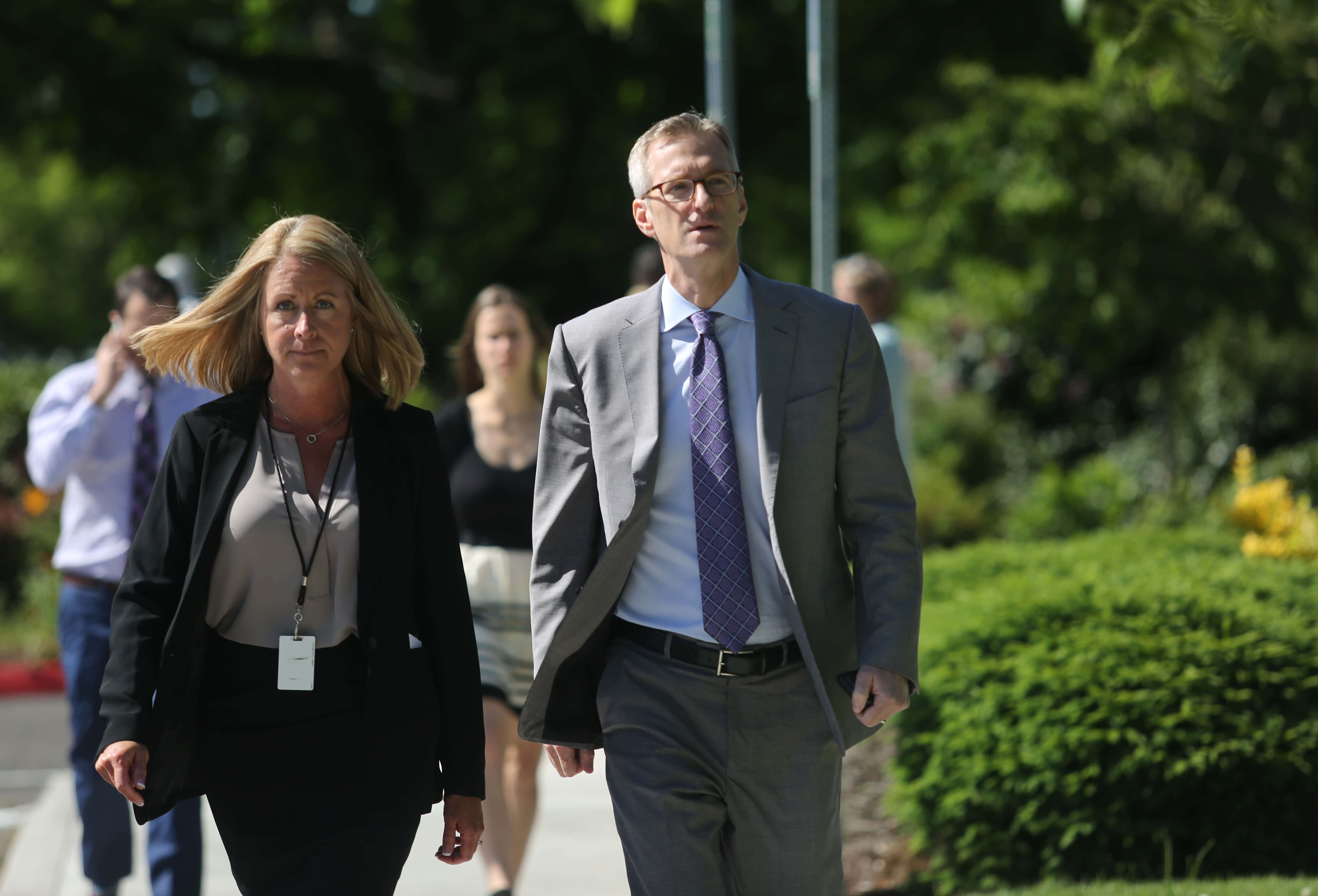 MILWAUKIE, OR - JUNE 05: Portland mayor Ted Wheeler R arrives at Christ The King church for the funeral service of Army veteran and father of four, Ricky Best on June 5, 2017 in Milwaukie, Oregon. Best, 53, and Taliesin Namkai-Meche, 23, were stabbed to death and Micah Fletcher,21, was severely injured after they tried to stop Jeremy Christian from harassing two teenage girls, one of whom was wearing a hijab, with racist taunts as they were riding the MAX train in nearby Portland.. (Photo by Natalie Behring/Getty Images)