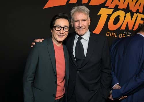 (L-R) Ke Huy Quan and Harrison Ford attend the Indiana Jones and the Dial of Destiny U.S. Premiere at the Dolby Theatre in Hollywood, California on June 14, 2023.