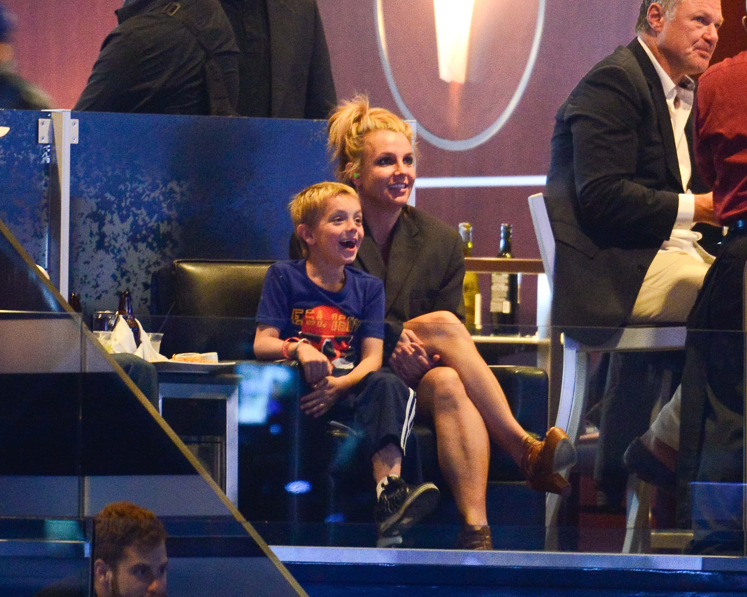 LOS ANGELES, CA - JUNE 07: Britney Spears and her son Jayden James Federline attend a hockey game between the New York Rangers and the Los Angeles Kings in Game Two of the 2014 NHL Stanley Cup Final at the Staples Center on June 7, 2014 in Los Angeles, California. (Photo by Noel Vasquez/Getty Images)
