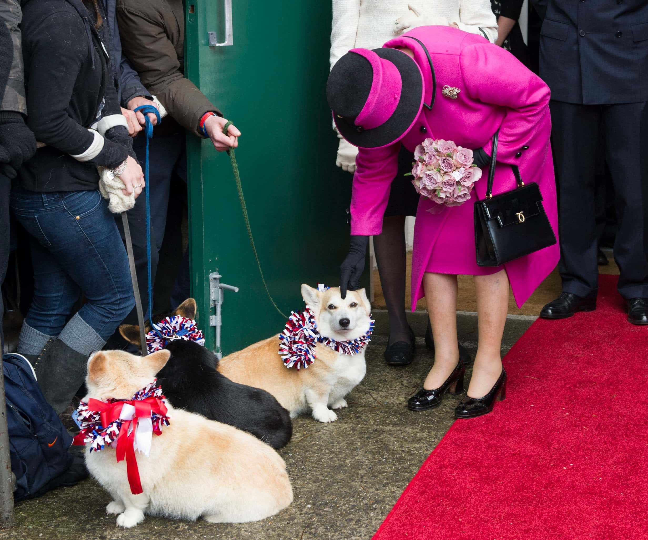 Queen Elizabeth II strokes a corgi during a visit to Sherborne Abbey on May 1, 2012 in Sherborne, England.  The Queen and Duke of Edinburgh are visiting the South West of England as part of their Diamond Jubilee Tour of the country.