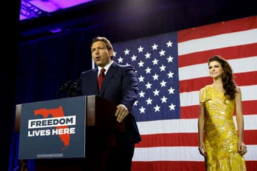Florida Gov. Ron DeSantis gives a victory speech after defeating Democratic gubernatorial candidate Rep. Charlie Crist while his wife Casey DeSantis looks on during his election night watch party at the Tampa Convention Center on November 8, 2022 in Tampa, Florida. DeSantis was the projected winner by a double-digit lead.
