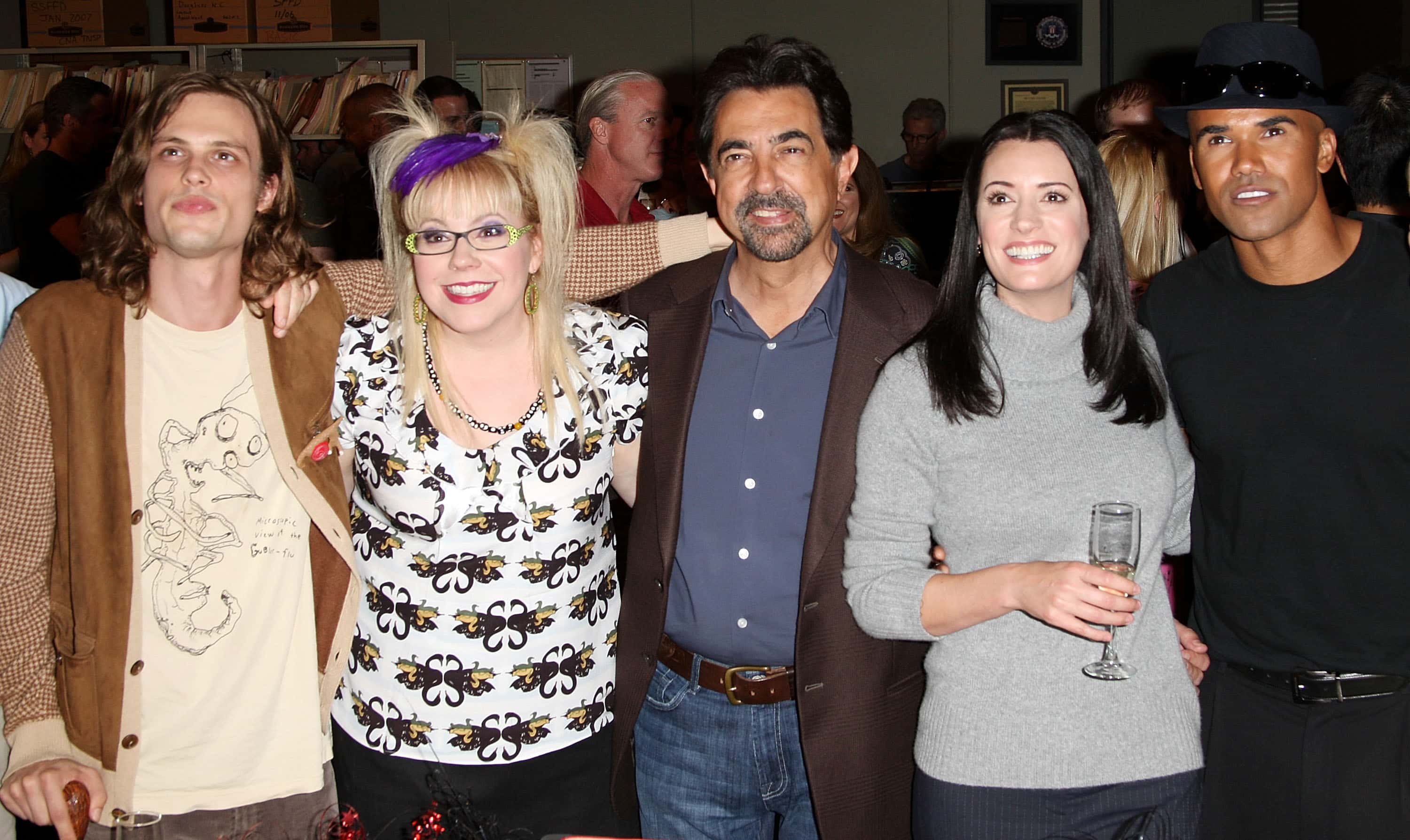 (L-R) Actor Matthew Gray Gubler, actress Kirsten Vangsness, actor Joe Mantegna, actress Paget Brewster and actor Shemar Moore attend the 100th episode celebration for the television show