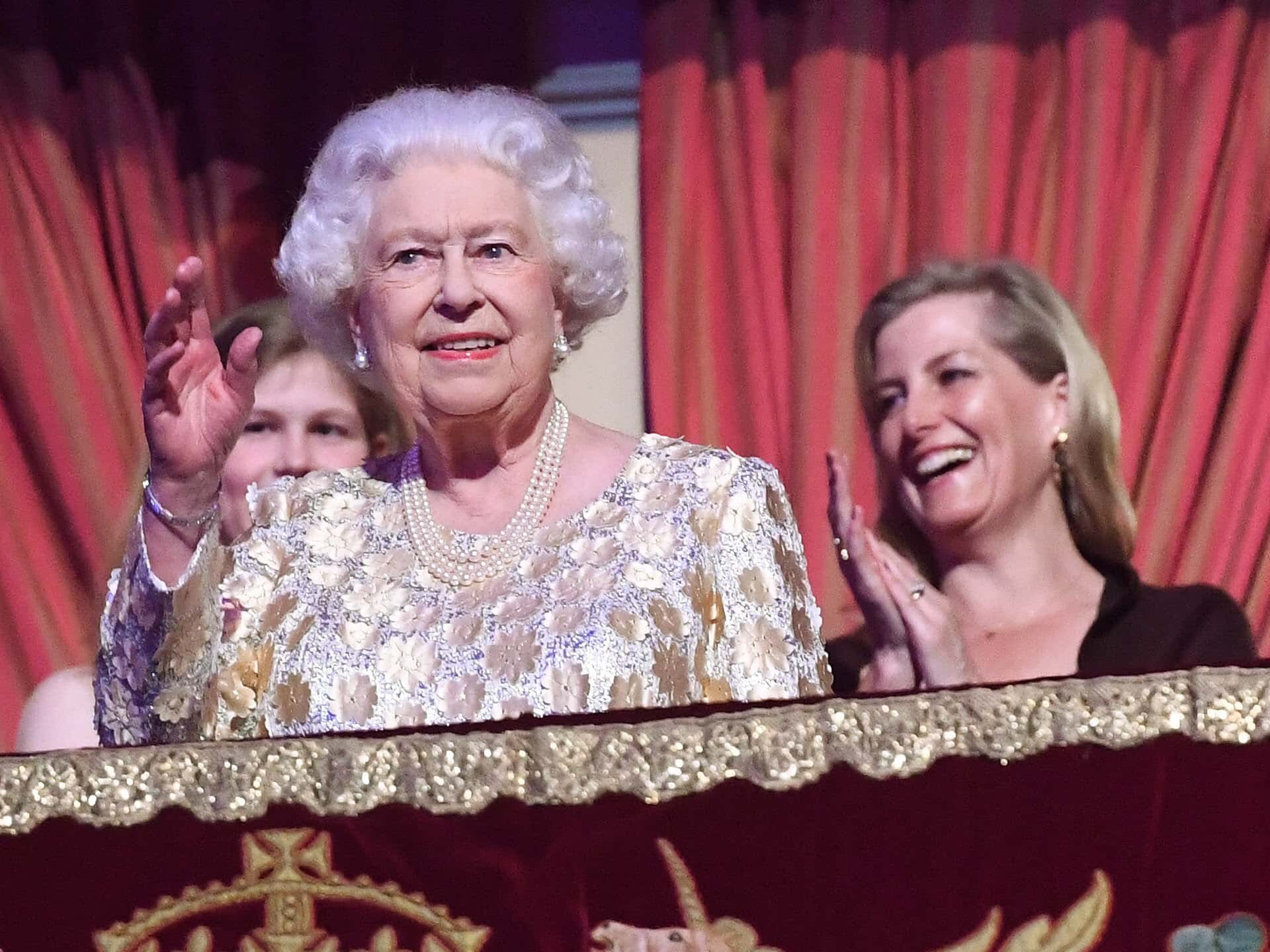 Sophie, Countess of Wessex looks on as Queen Elizabeth II greets the audience at the Royal Albert Hall for a star-studded concert to celebrate her 92nd birthday on April 21, 2018 in London, England.  The Queen and members of the royal family are guests of honour at the celebration, which is being billed as The Queen's Birthday Party.