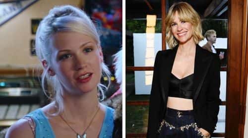 January Jones in ‘Love Actually’ 2003 (IMDb) and the actress at the FARFETCH Beauty Launch Party on May 10, 2022 in West Hollywood, California (Photo by Jon Kopaloff/Getty Images for FARFETCH)