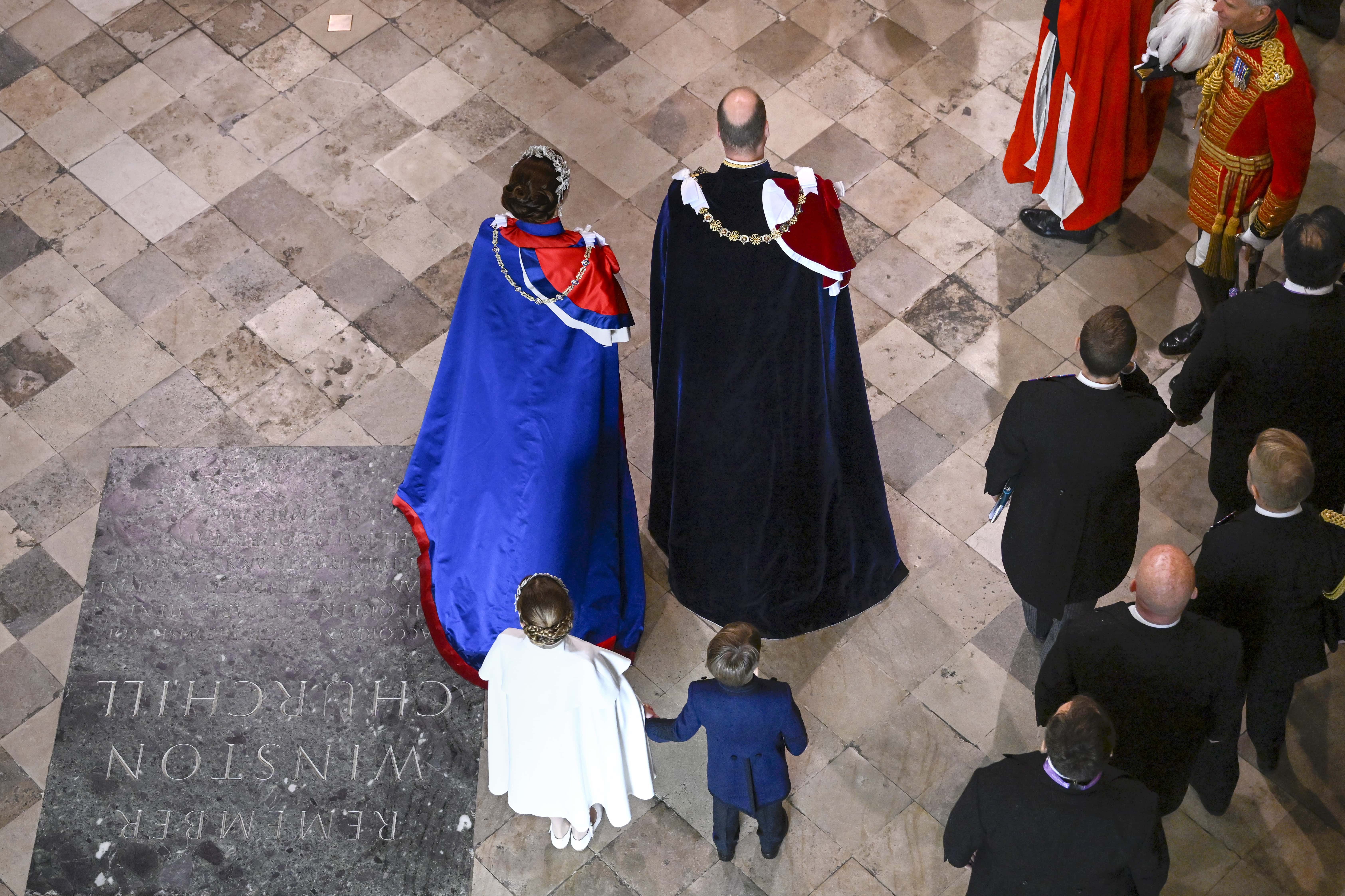 Catherine, Princess of Wales, Prince William, Prince of Wales, Princess Charlotte of Wales and Prince Louis of Wales during the Coronation of King Charles III and Queen Camilla on May 06, 2023 in London, England. The Coronation of Charles III and his wife, Camilla, as King and Queen of the United Kingdom of Great Britain and Northern Ireland, and the other Commonwealth realms takes place at Westminster Abbey today. Charles acceded to the throne on 8 September 2022, upon the death of his mother, Elizabeth II. (Photo by Gareth Cattermole/Getty Images)