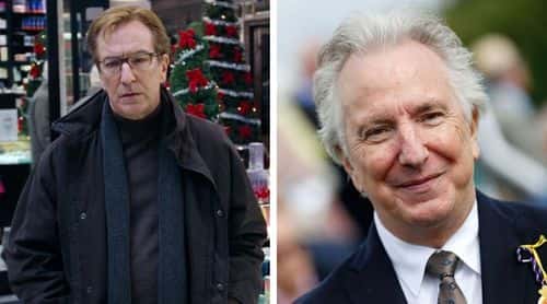 Alan Rickman in ‘Love Actually’ 2003 (IMDb) and the late actor at the Qatar Goodwood Festival at Goodwood Racecourse on July 29, 2015 in Chichester, England. (Photo by Tristan Fewings/Getty Images for Qatar Goodwood Festival)