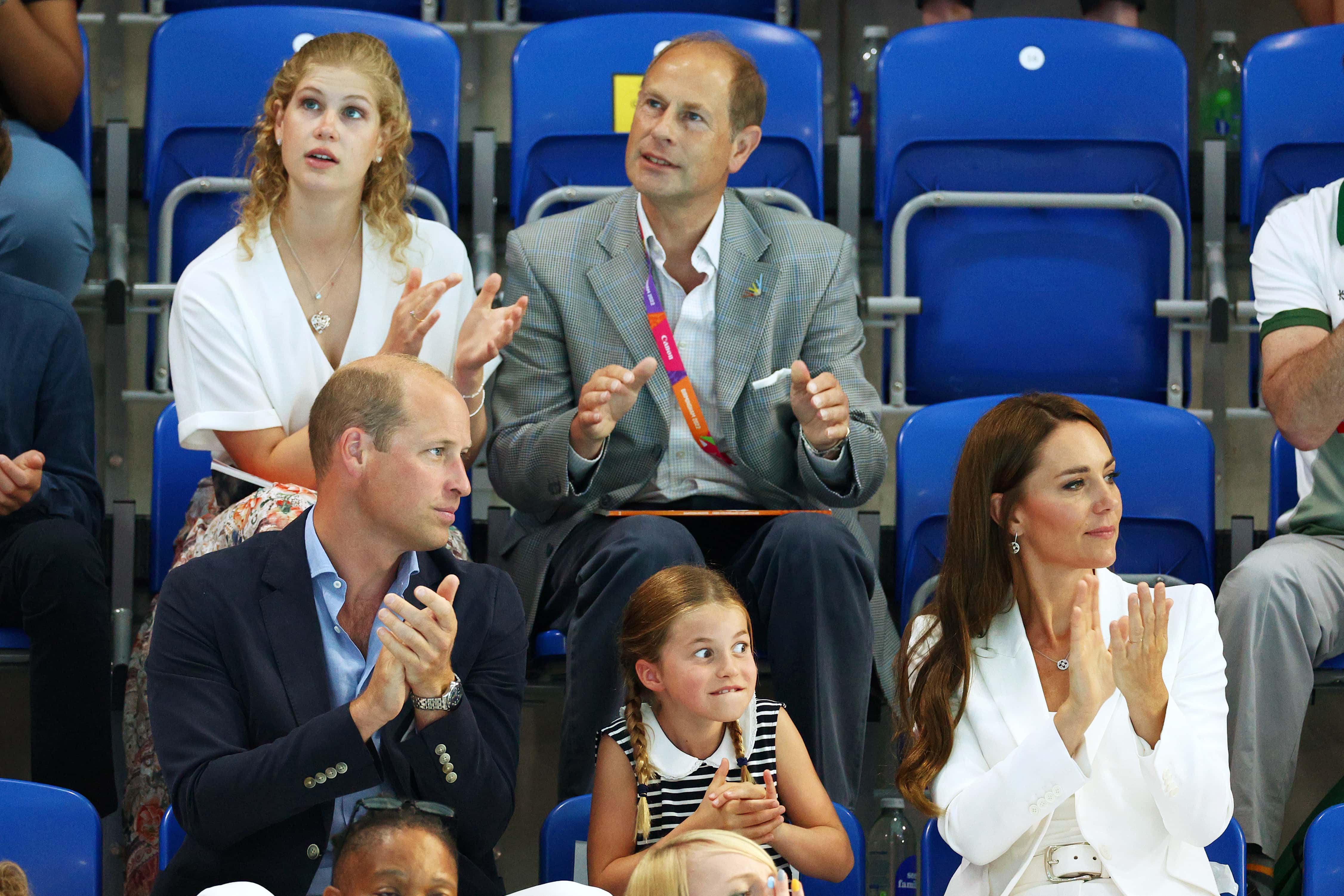Prince Edward, Earl of Wessex, Prince William, Duke of Cambridge, Princess Charlotte and Catherine, Duchess of Cambridge watch the action on day five of the Birmingham 2022 Commonwealth Games at Sandwell Aquatics Centre on August 02, 2022 in Smethwick, England.
