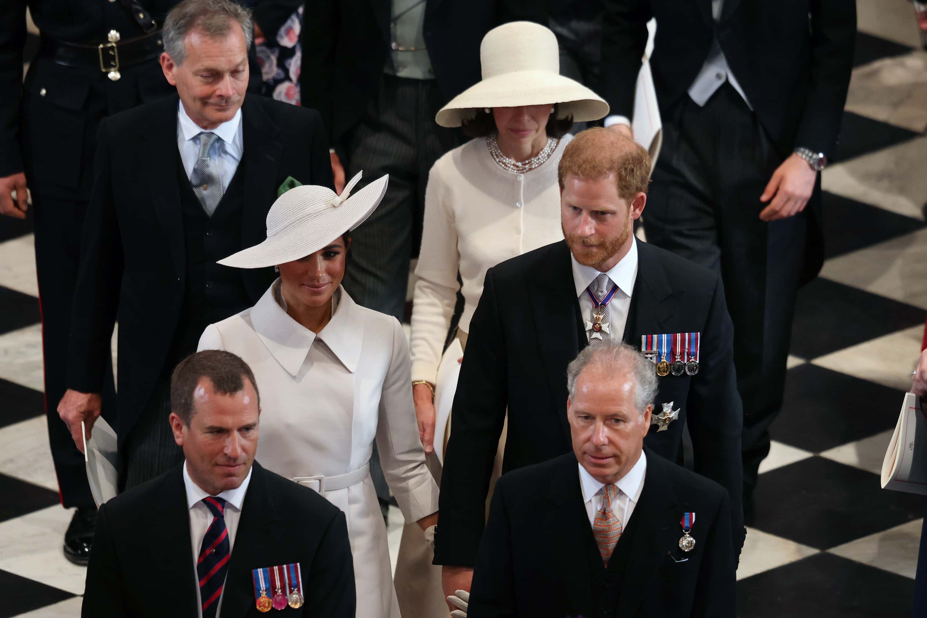 (L-R) Daniel Chatto, Lady Sarah Chatto, Meghan, Duchess of Sussex, Prince Harry, Duke of Sussex, Peter Phillips and David Armstrong-Jones, 2nd Earl of Snowdon depart the National Service of Thanksgiving at St Paul's Cathedral on June 03, 2022 in London, England. The Platinum Jubilee of Elizabeth II is being celebrated from June 2 to June 5, 2022, in the UK and Commonwealth to mark the 70th anniversary of the accession of Queen Elizabeth II on 6 February 1952. (Photo by Dan Kitwood -WPA Pool/Getty Images)