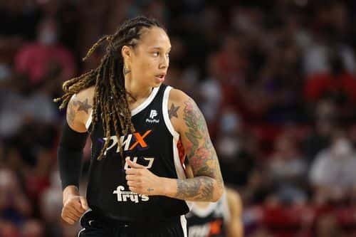 Brittney Griner #42 of the Phoenix Mercury during Game Three of the 2021 WNBA semifinals at Desert Financial Arena on October 03, 2021 in Tempe, Arizona. The Mercury defeated the Aces 87-60. (Photo by Christian Petersen/Getty Images)