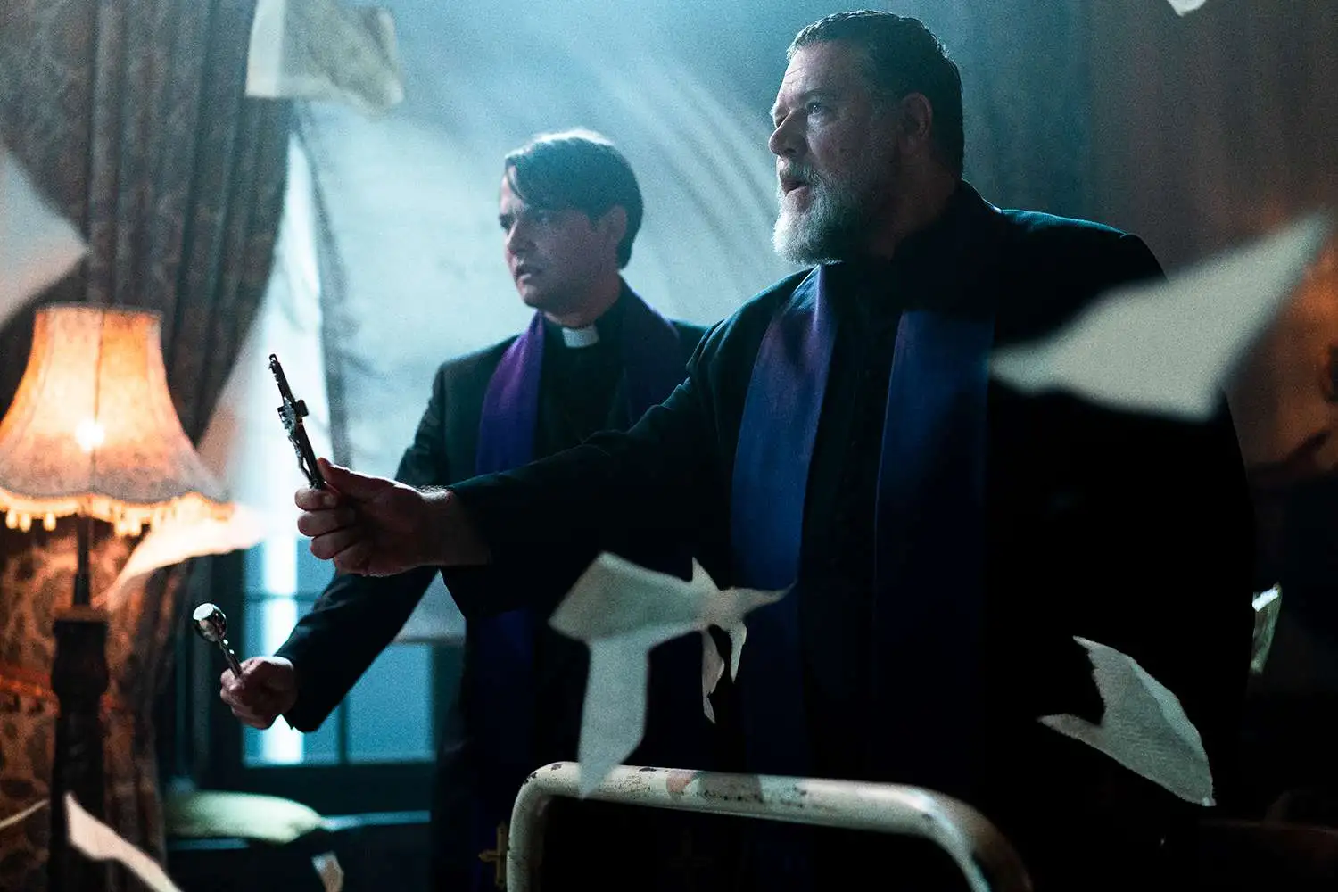Russell Crowe as Father Gabriele Amorth and Daniel Zovatto as Father Esquibel in a still from 'The Pope's Exorcist' (Sony Pictures)