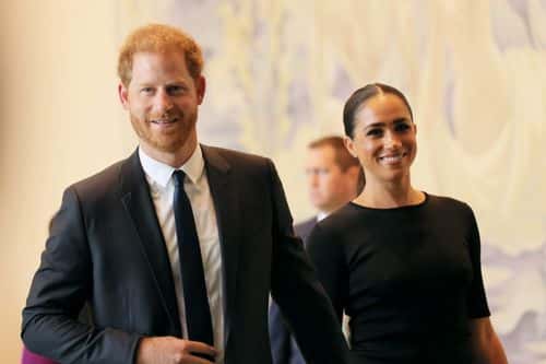 Prince Harry, Duke of Sussex and Meghan, Duchess of Sussex arrive at the United Nations Headquarters on July 18, 2022 in New York City. Prince Harry, Duke of Sussex is the keynote speaker during the United Nations General assembly to mark the observance of Nelson Mandela International Day where the 2020 U.N. Nelson Mandela Prize will be awarded to Mrs. Marianna Vardinogiannis of Greece and Dr. Morissanda Kouyaté of Guinea.