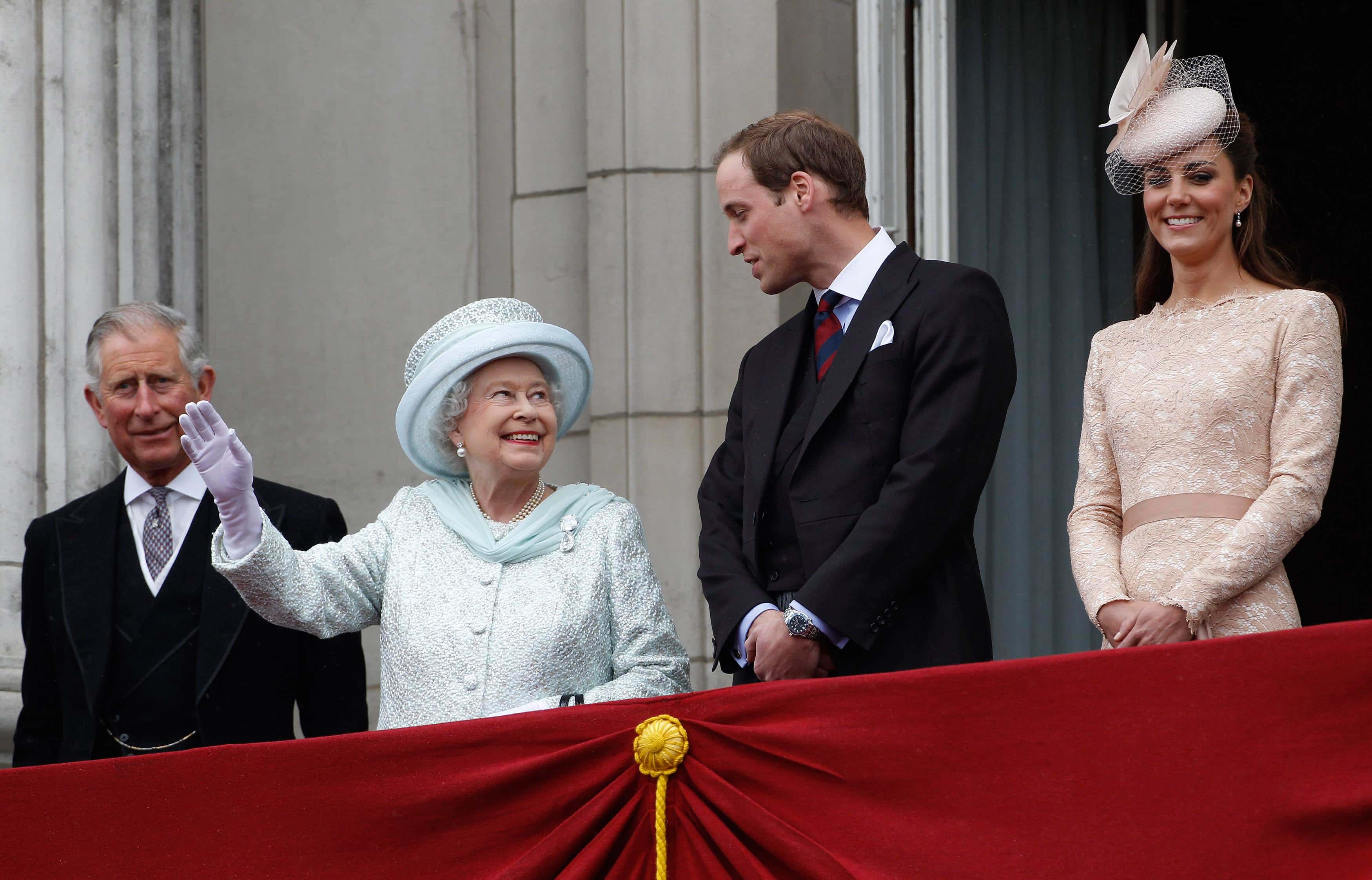 (L-R) Prince Charles, Prince of Wales, Queen Elizabeth II, Prince William, Duke of Cambridge and Catherine, Duchess of Cambridge on the balcony of Buckingham Palace during the finale of the Queen's Diamond Jubilee celebrations on June 5, 2012 in London, England. For only the second time in its history the UK celebrates the Diamond Jubilee of a monarch. Her Majesty Queen Elizabeth II celebrates the 60th anniversary of her ascension to the throne today with a carriage procession and a service of thanksgiving at St Paul's Cathedral.