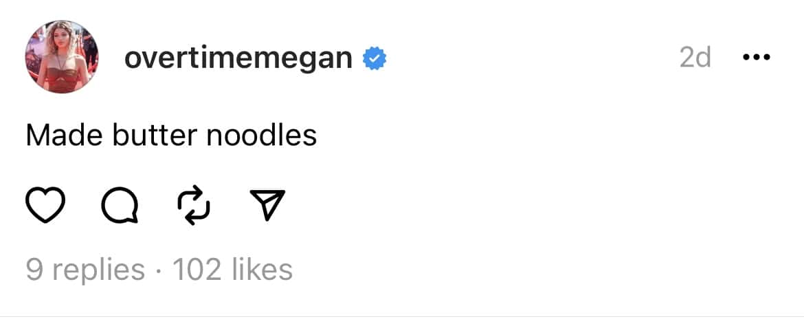 First thread post by OvertimeMegan (@overtimemegan/Threads)