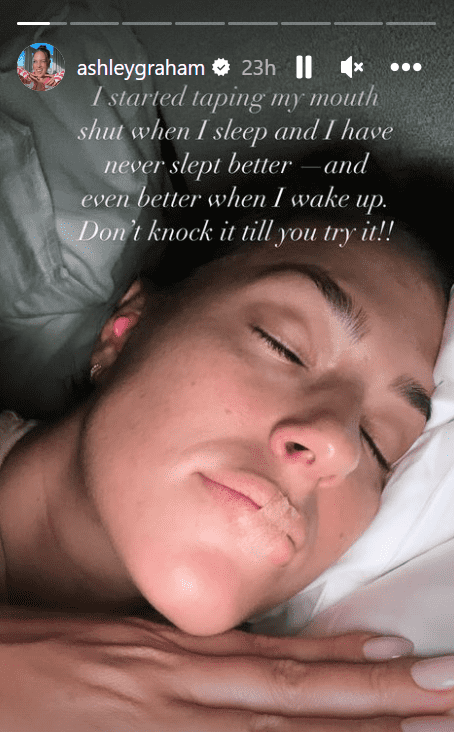 Ashley Graham posted a photo showing her sleeping with the mouth taped (ashleygraham/Instagram)