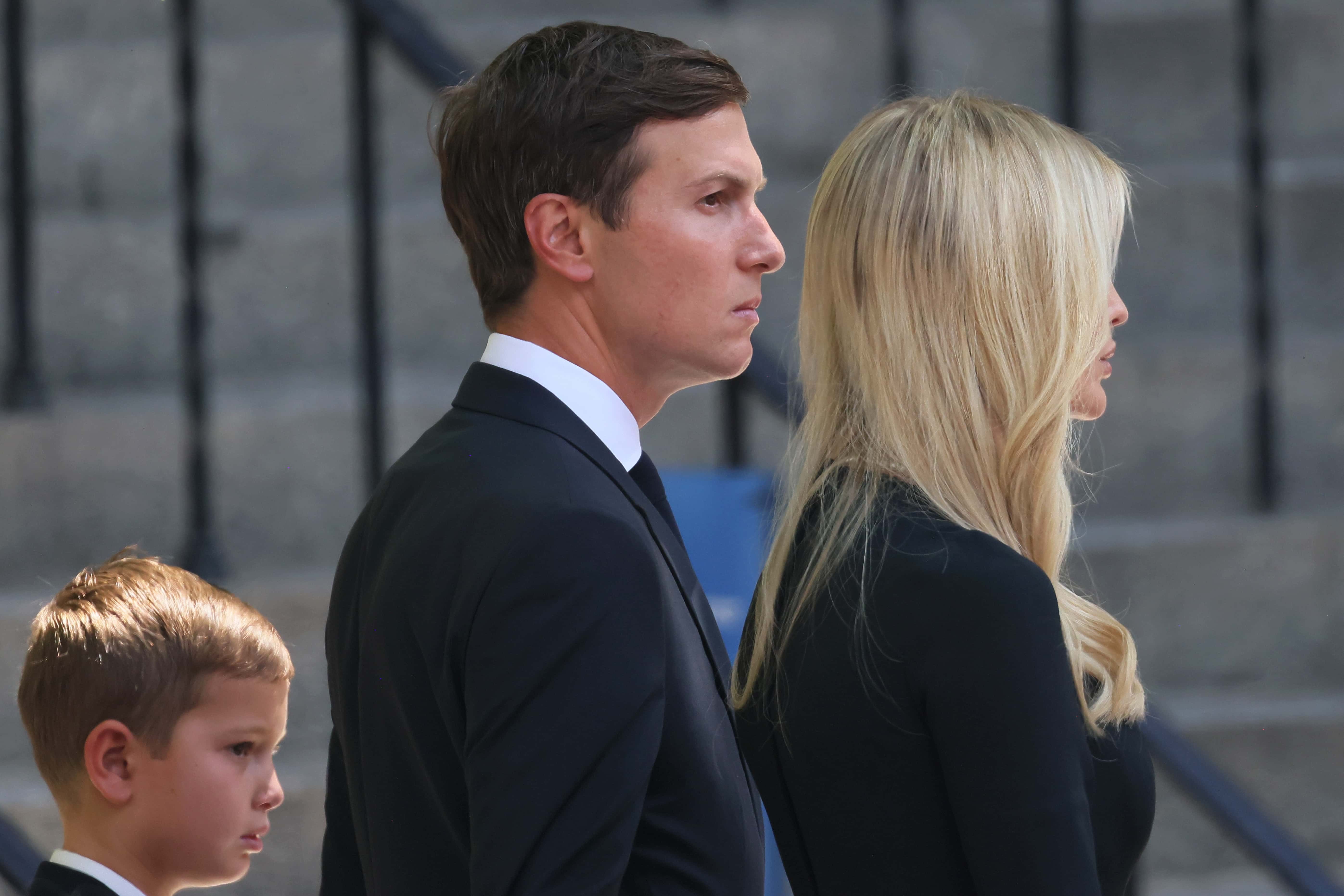 Jared Kushner and his wife Ivanka Trump wait for the casket of her mother Ivana Trump to be brought into St. Vincent Ferrer Roman Catholic Church during her funeral July 20, 2022 in New York City. Trump, the first wife of former U.S. President Donald Trump, died at the age of 73 after a fall down the stairs of her Manhattan home.