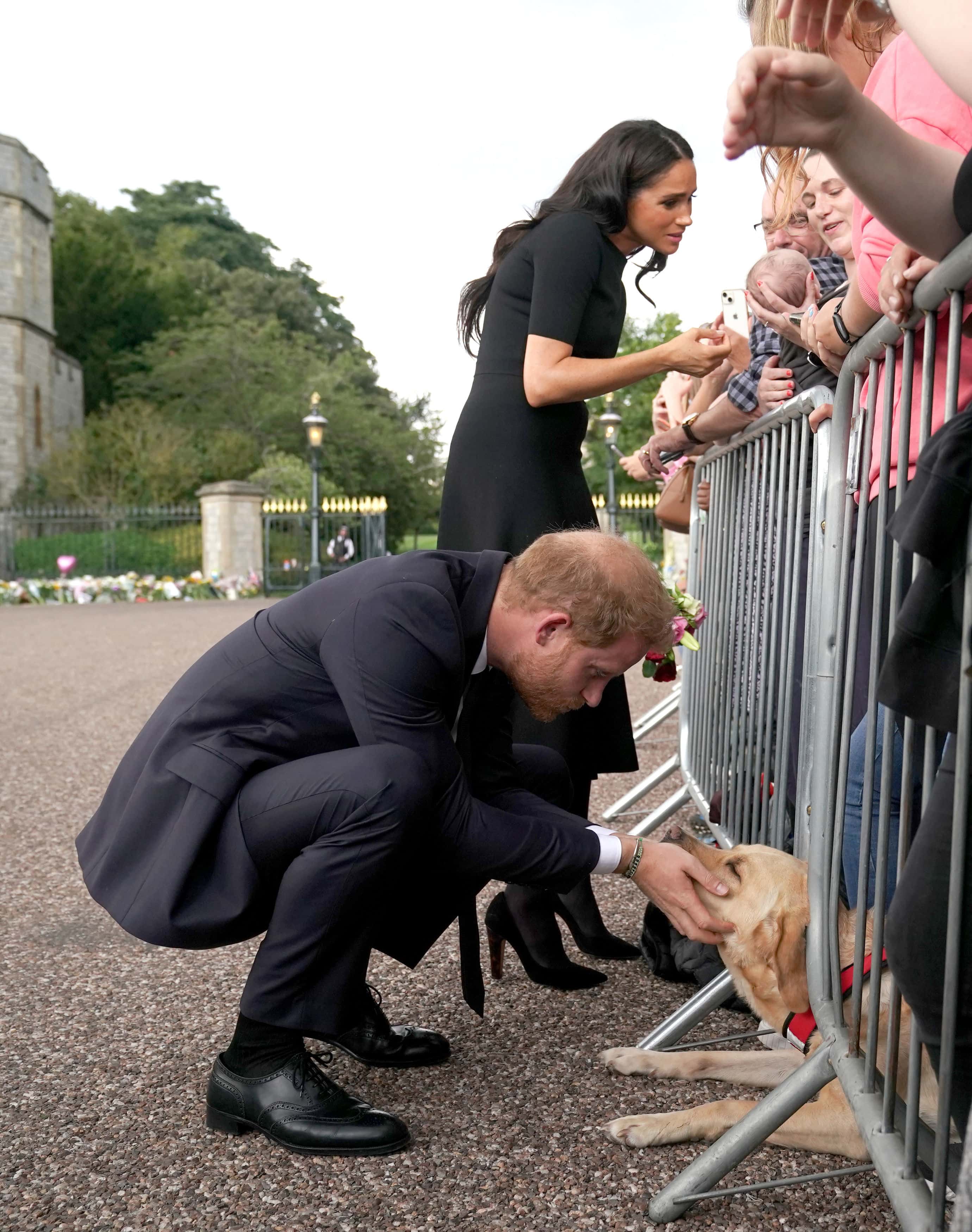 Meghan, Duchess of Sussex and Prince Harry, Duke of Sussex meet members of the public at Windsor Castle on September 10, 2022 in Windsor, England. Crowds have gathered and tributes left at the gates of Windsor Castle to Queen Elizabeth II, who died at Balmoral Castle on 8 September, 2022.