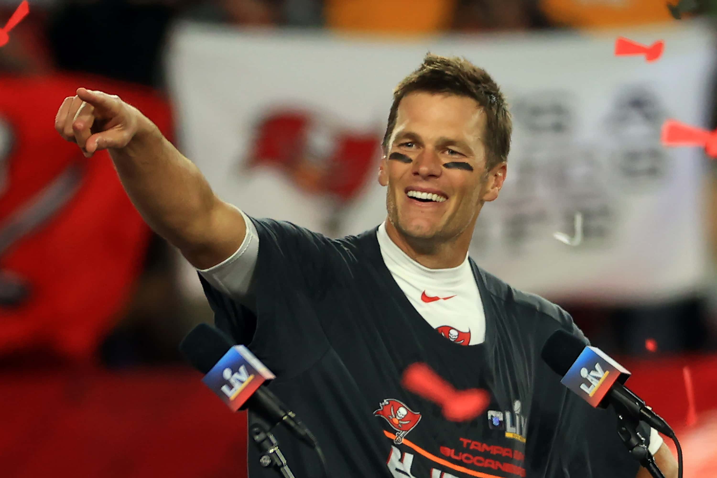 TAMPA, FLORIDA - FEBRUARY 07: Tom Brady #12 of the Tampa Bay Buccaneers celebrates after defeating t