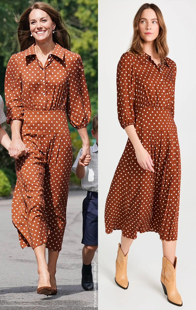 Kate Middleton owns the Rixo Izzy dress in brown/copper polka dot. (Jonathan Brady- WPA-Pool/ Rixo Izzy)