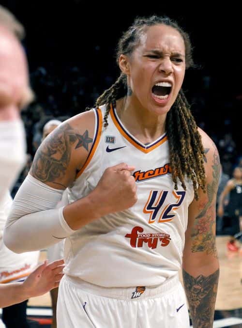 Brittney Griner #42 of the Phoenix Mercury celebrates after the team defeated the Las Vegas Aces 87-84 in Game Five of the 2021 WNBA Playoffs semifinals to win the series at Michelob ULTRA Arena on October 8, 2021 in Las Vegas, Nevada. NOTE TO USER: User expressly acknowledges and agrees that, by downloading and or using this photograph, User is consenting to the terms and conditions of the Getty Images License Agreement.