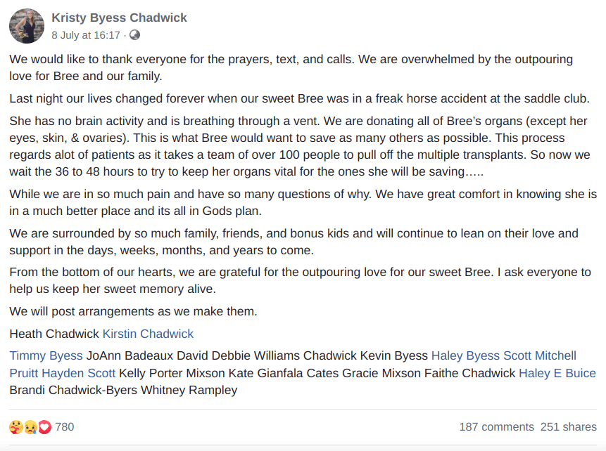 Kristy Byess Chadwick's Facebook Post (Kristy Byess Chadwick/Facebook)