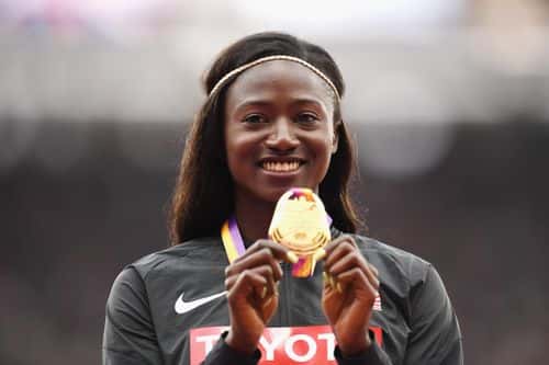 Tori Bowie of the United States poses with the gold mdeal for the Women's 100 metres  during day four of the 16th IAAF World Athletics Championships London 2017 at The London Stadium on August 7, 2017 in London, United Kingdom.