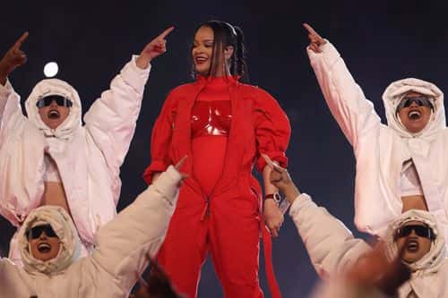 Rihanna performs onstage during the Apple Music Super Bowl LVII Halftime Show at State Farm Stadium on February 12, 2023 in Glendale, Arizona.