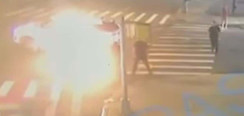 The biker slammed into the vehicle and eventually exploded (CBS New York Screenshot/ YouTube)