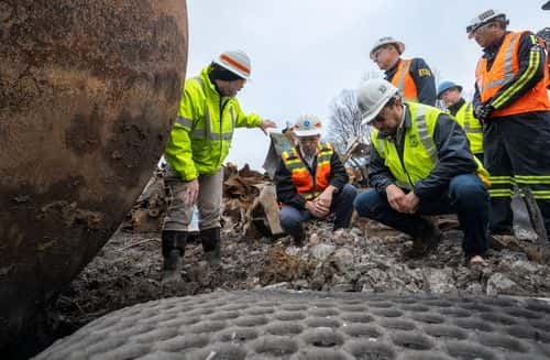 U.S. Secretary of Transportation Pete Buttigieg (2L) visits with Department of Transportation Investigators at the site of the derailment on February 23 2023 in East Palestine, Ohio. Below where he stands is a pile of ash. On February 3rd, a Norfolk Southern Railways train carrying toxic chemicals derailed causing an environmental disaster. Thousands of residents were ordered to evacuate after the area was placed under a state of emergency and temporary evacuation orders