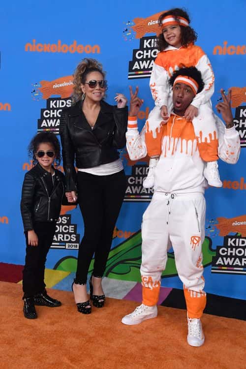 (L-R) Monroe Cannon, Mariah Carey, Nick Cannon, and Moroccan Scott Cannon (top) attend Nickelodeon's 2018 Kids' Choice Awards at The Forum on March 24, 2018 in Inglewood, California.